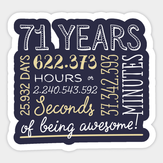 71st Birthday Gifts - 71 Years of being Awesome in Hours & Seconds Sticker by BetterManufaktur